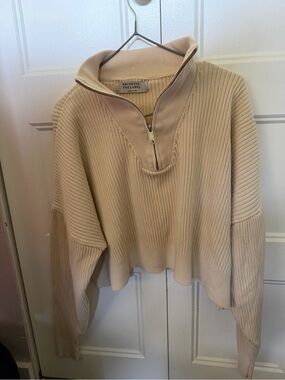 Brunette The Label Rib knit boxy crop half zip sweater
